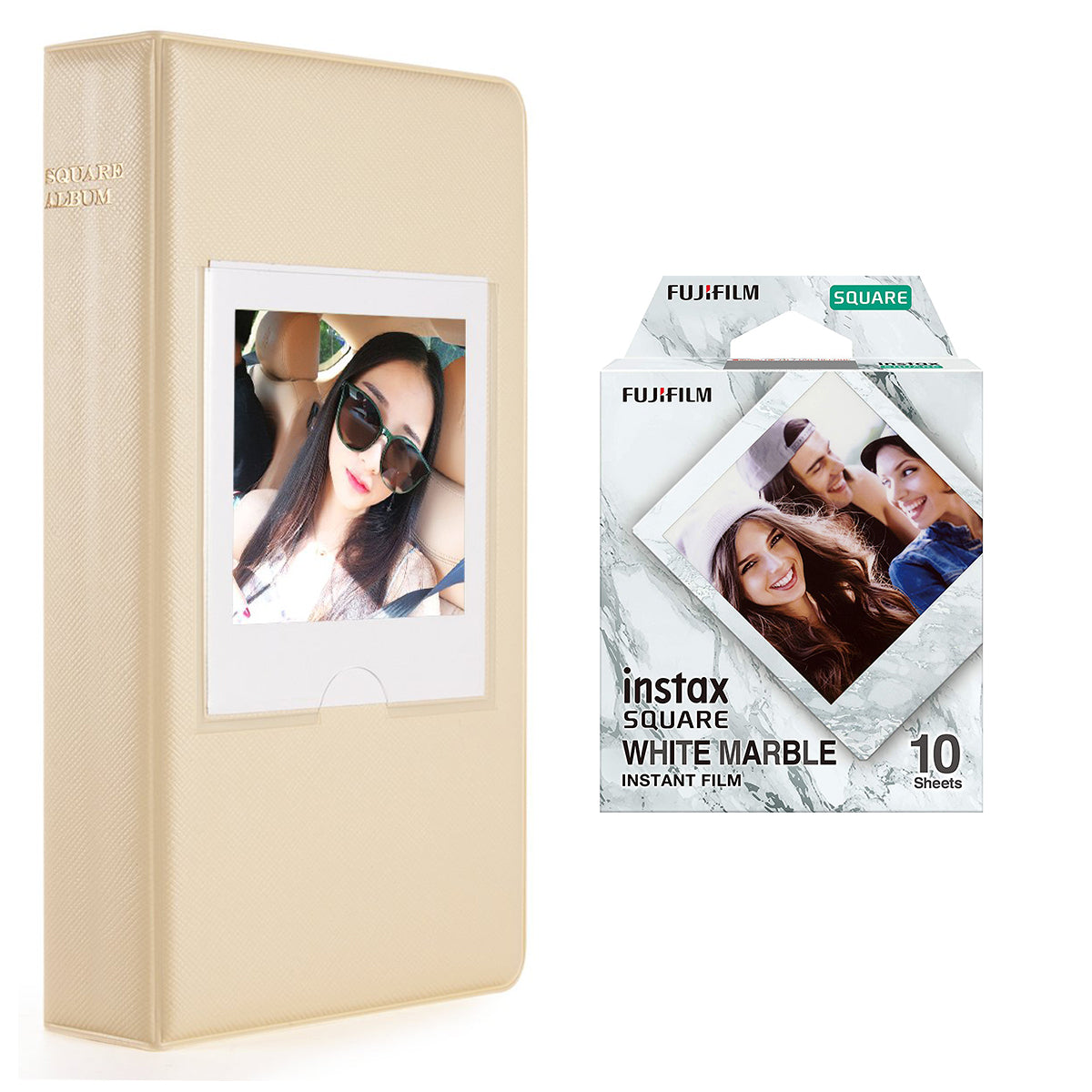 Fujifilm Instax square 10X1 white marble Instant Film With 64 sheet Album for square film Beige