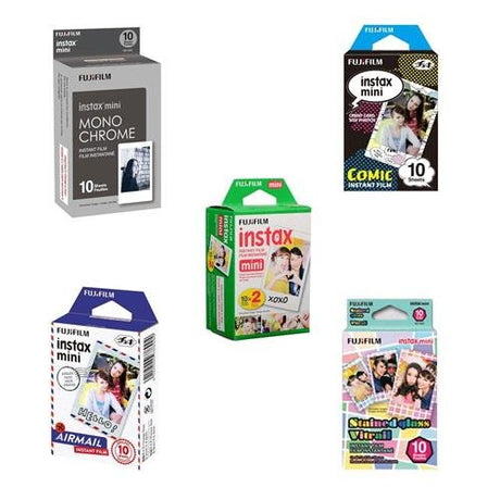 Fujifilm instax mini Film Bundle Consists of Daylight Film 20 Pack, Airmail 10 Pack, Comic 10 Pack, Stained Glass 10 Pack, Monochrome 10 Pack