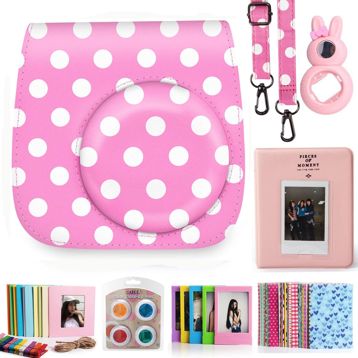 ZENKO Compatible Mini 8 8+ 9 Camera Case Accessories Bundle Kit for Fujifilm Instax Mini 8 8+ 9, Pink Dots (7 Items)