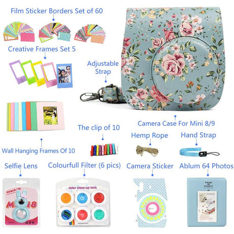 ZENKO for Instax Mini 9 8 Camera Accessories kit Bundle, Includes; Instax Instant Camera Case + Album + Frames & Stickers + Lens Filters + More Rose Blue