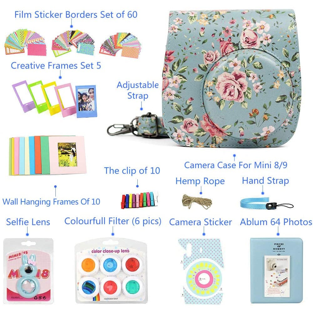 ZENKO for Instax Mini 9 8 Camera Accessories kit Bundle, Includes; Instax Instant Camera Case + Album + Frames & Stickers + Lens Filters + More