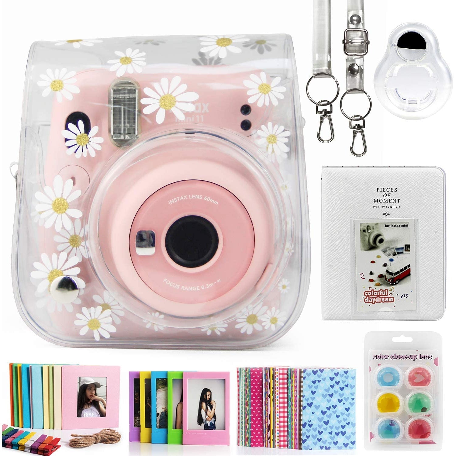 Zenko Compatible Mini 11 Camera Case Bundle with Album, Filters and Other Accessories for Fujifilm Instax Mini 11 (Transparent Daisy 1, 7 Items)