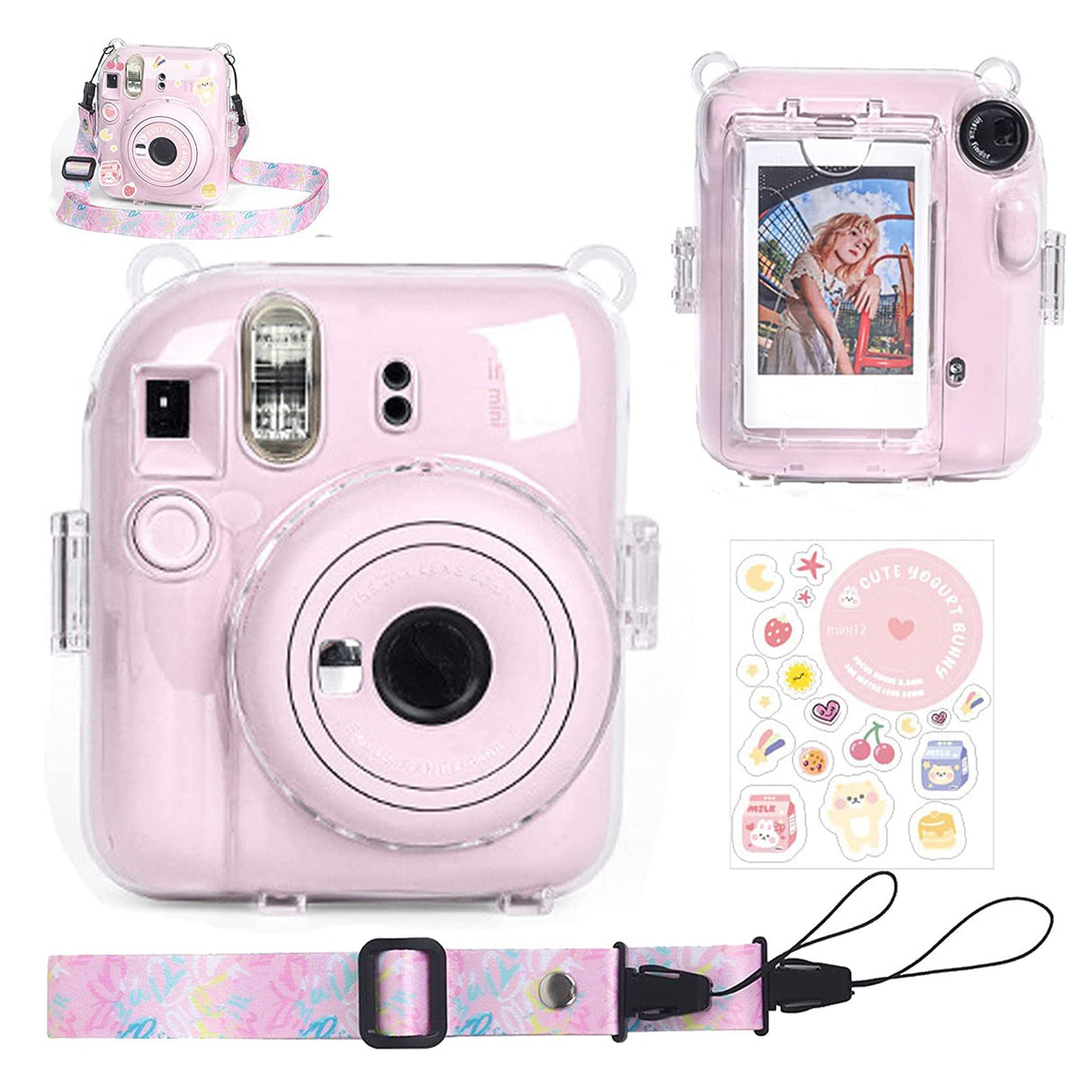 Zikkon Instax Mini 12 Hard Carrying Protective Case with Shoulder Straps and Stickers Decoration Set Blossom Pink