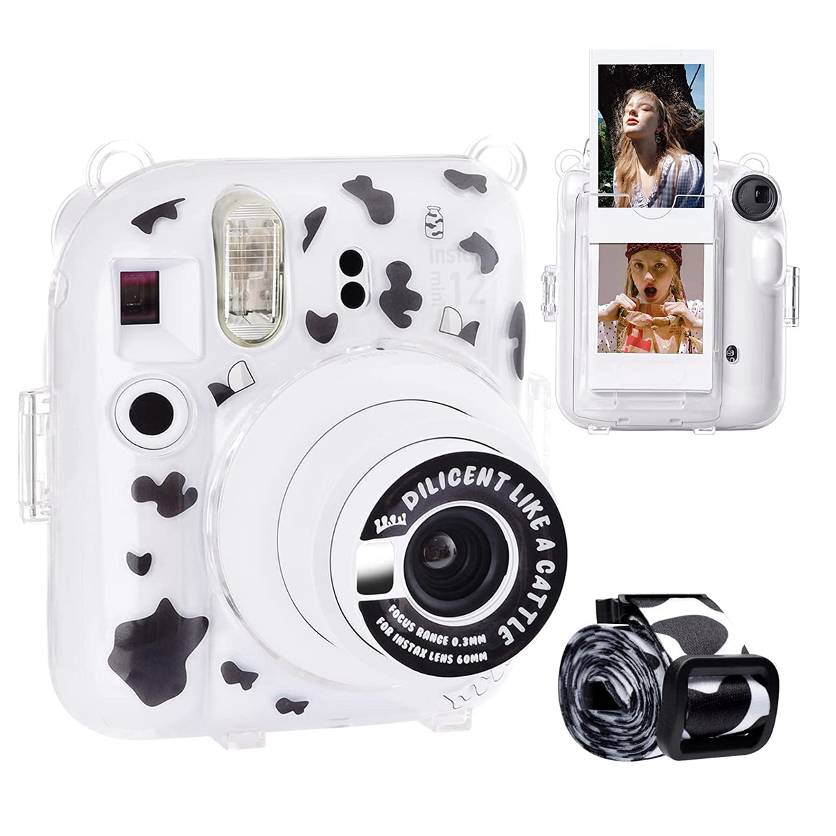 Zikkon Instax Mini 12 Hard Carrying Protective Case with Shoulder Straps and Stickers Decoration Set Clay White