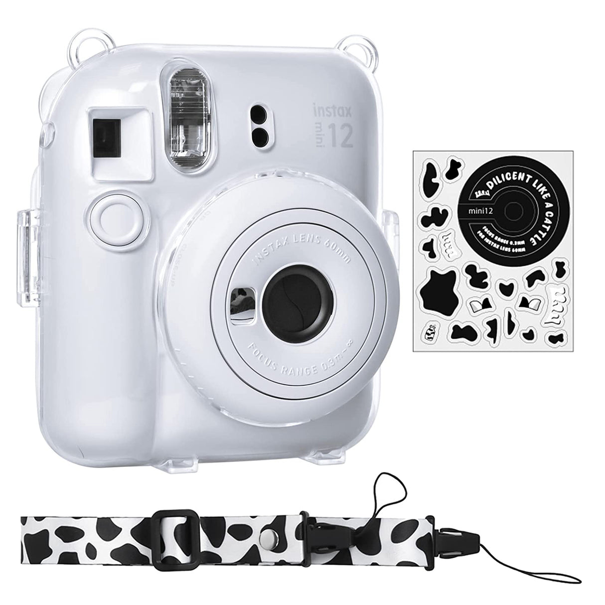 Zikkon Instax Mini 12 Hard Carrying Protective Case with Shoulder Straps and Stickers Decoration Set Clay White