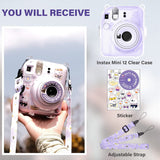 Zikkon Instax Mini 12 Hard Carrying Protective Case with Shoulder Straps and Stickers Decoration Set Lilac Purple