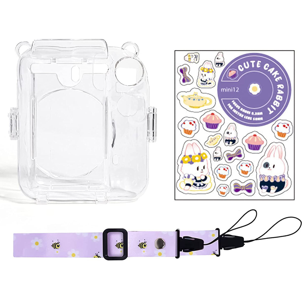 Zikkon Instax Mini 12 Hard Carrying Protective Case with Shoulder Straps and Stickers Decoration Set Lilac Purple