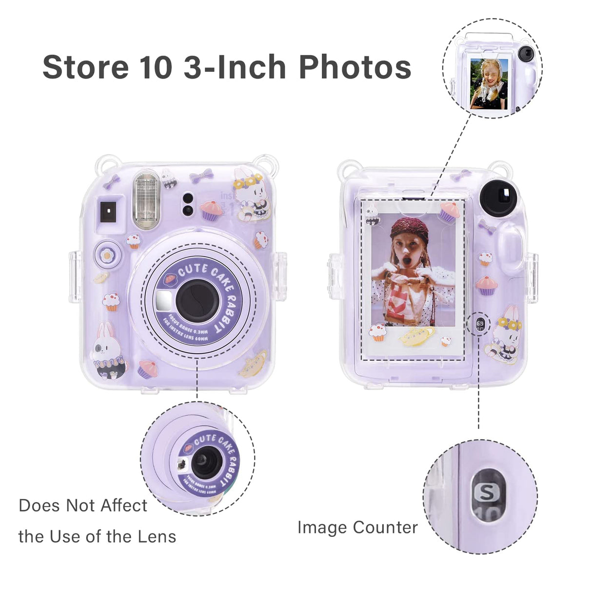 Zikkon Instax Mini 12 Hard Carrying Protective Case with Shoulder Straps and Stickers Decoration Set Lilac Purple