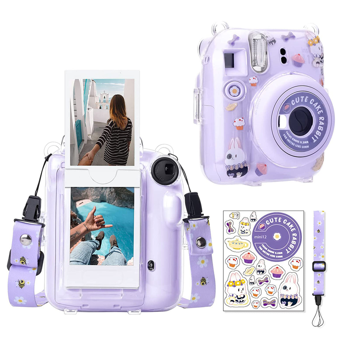 Zikkon Instax Mini 12 Hard Carrying Protective Case with Shoulder Straps and Stickers Decoration Set Lilac Purple