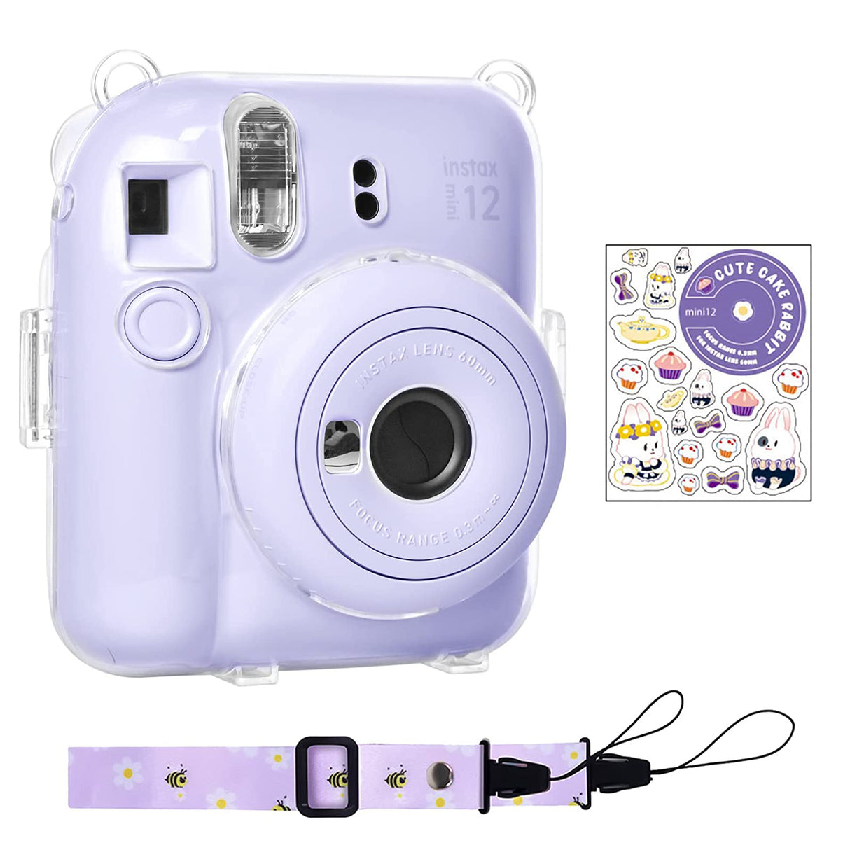 Zikkon Instax Mini 12 Hard Carrying Protective Case with Shoulder Straps and Stickers Decoration Set Lilac Purple