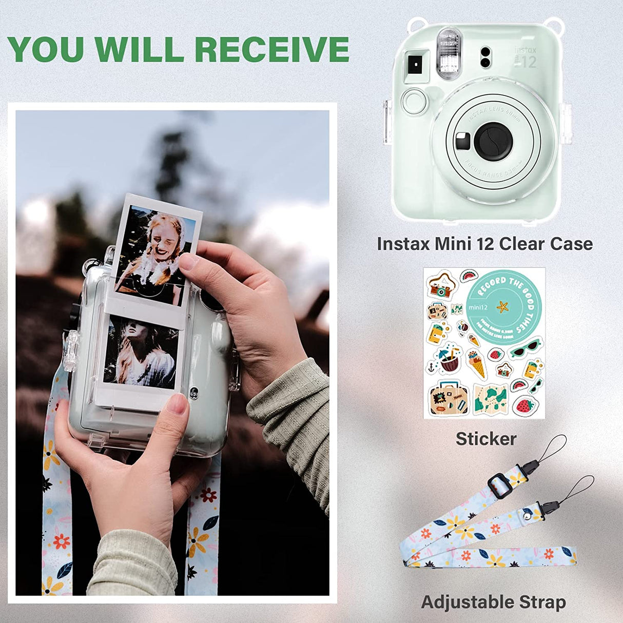 Zikkon Instax Mini 12 Hard Carrying Protective Case with Shoulder Straps and Stickers Decoration Set Mint Green