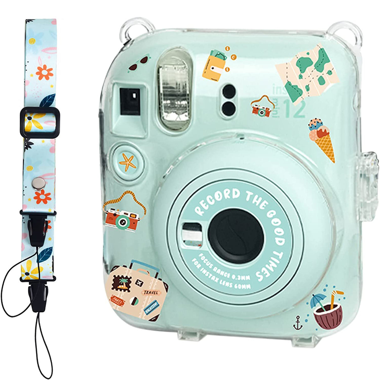 Zikkon Instax Mini 12 Hard Carrying Protective Case with Shoulder Straps and Stickers Decoration Set Mint Green