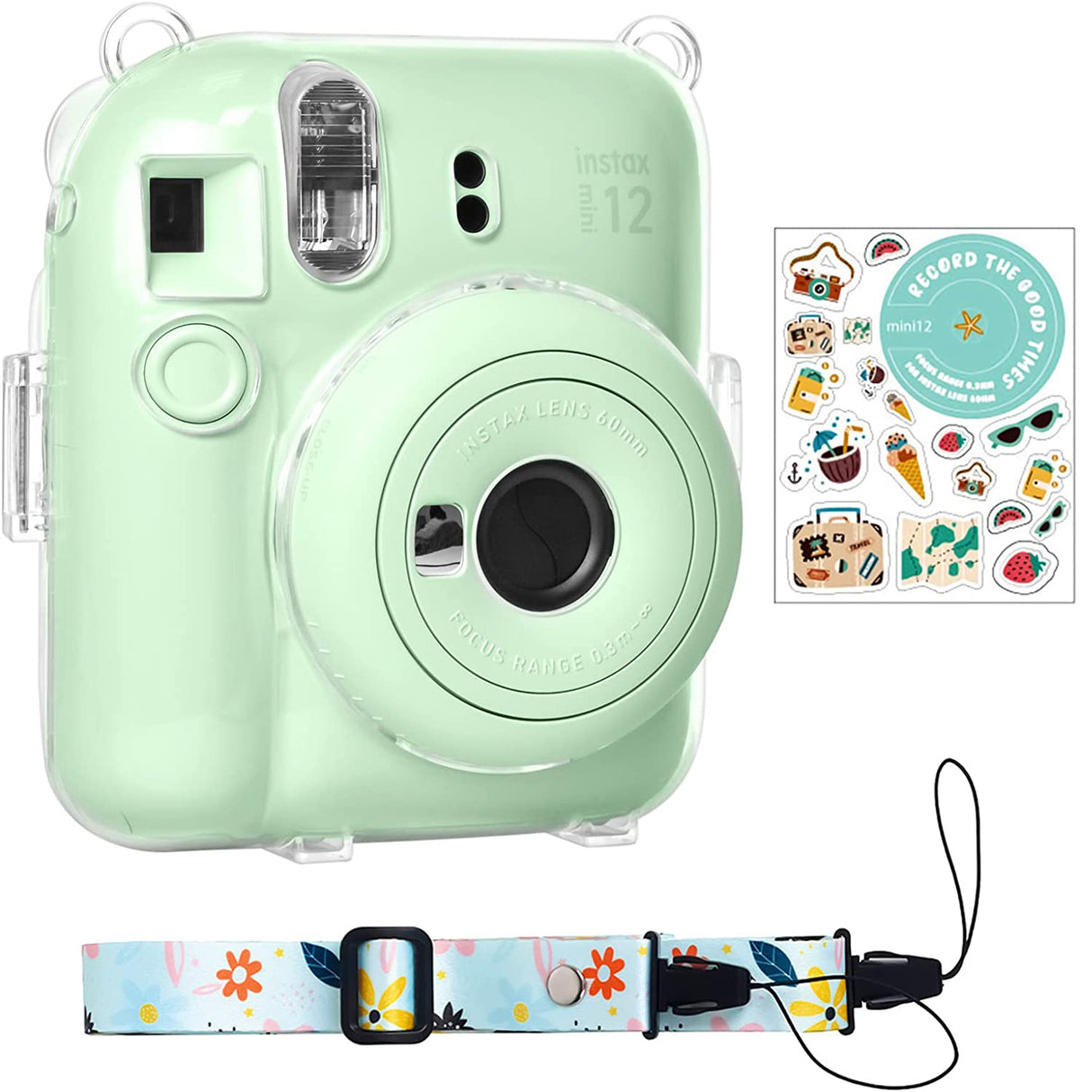 Zikkon Instax Mini 12 Hard Carrying Protective Case with Shoulder Straps and Stickers Decoration Set Mint Green