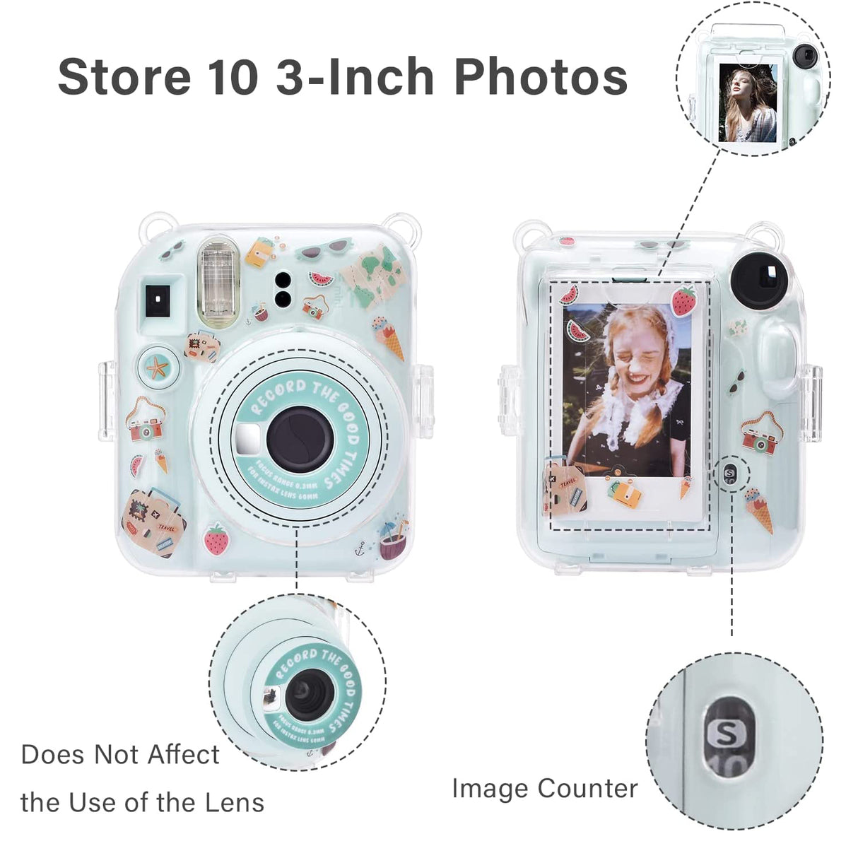 Zikkon Instax Mini 12 Hard Carrying Protective Case with Shoulder Straps and Stickers Decoration Set Mint Green