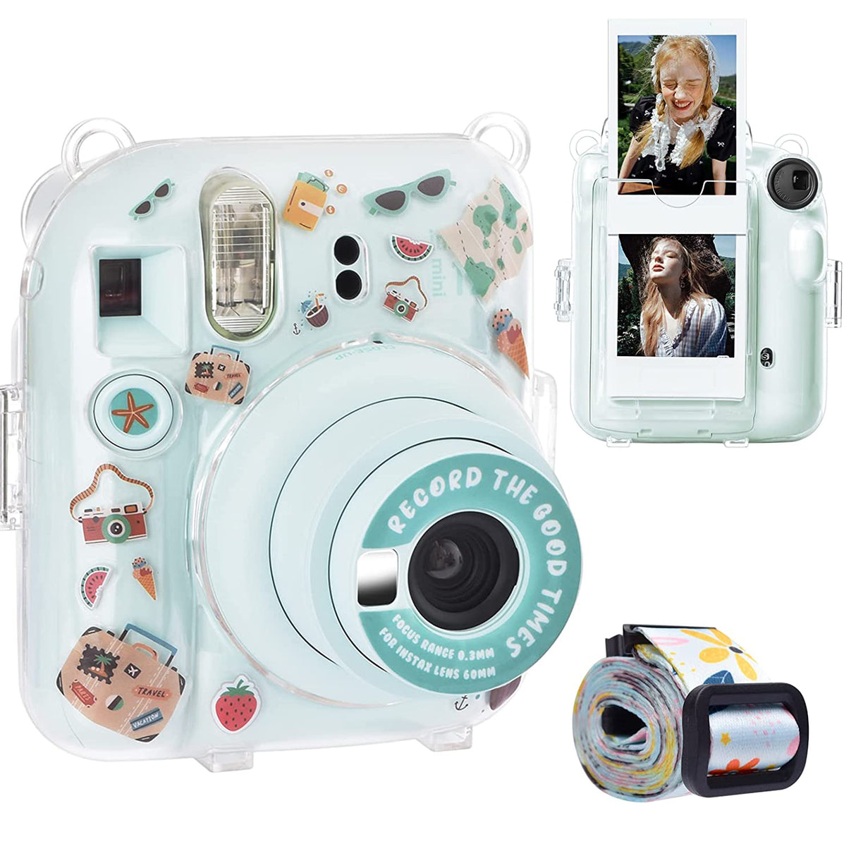 Zikkon Instax Mini 12 Hard Carrying Protective Case with Shoulder Straps and Stickers Decoration Set Mint Green