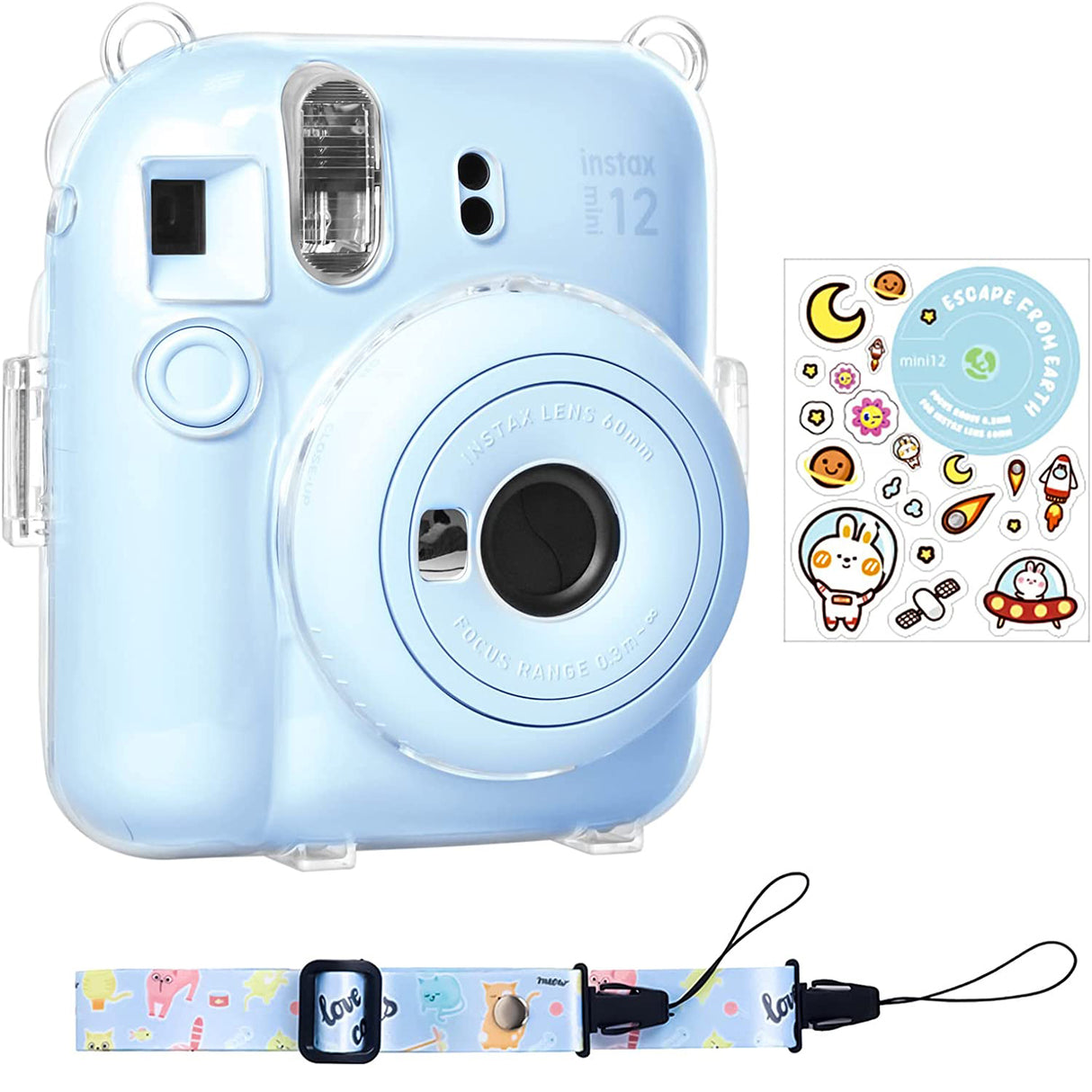 Zikkon Instax Mini 12 Hard Carrying Protective Case with Shoulder Straps and Stickers Decoration Set Pastel Blue