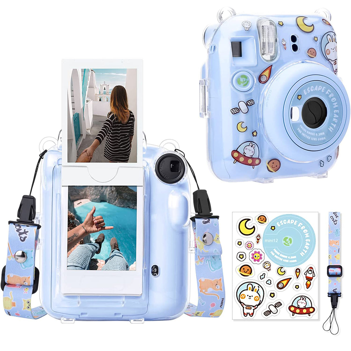 Zikkon Instax Mini 12 Hard Carrying Protective Case with Shoulder Straps and Stickers Decoration Set Pastel Blue