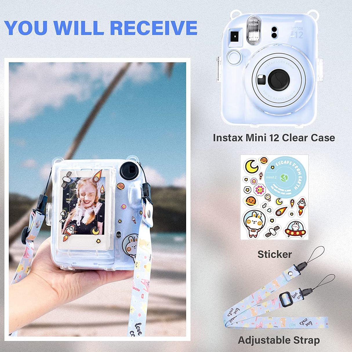 Zikkon Instax Mini 12 Hard Carrying Protective Case with Shoulder Straps and Stickers Decoration Set Pastel Blue