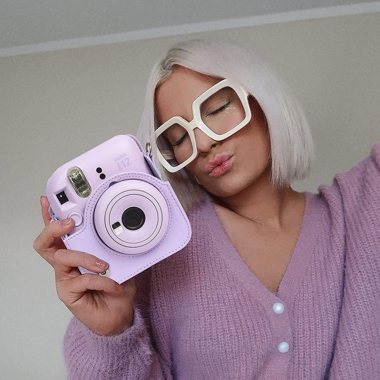 Zikkon Instax Mini 12 Protective Camera Case PU Leather Carrying Bag Lilac Purple