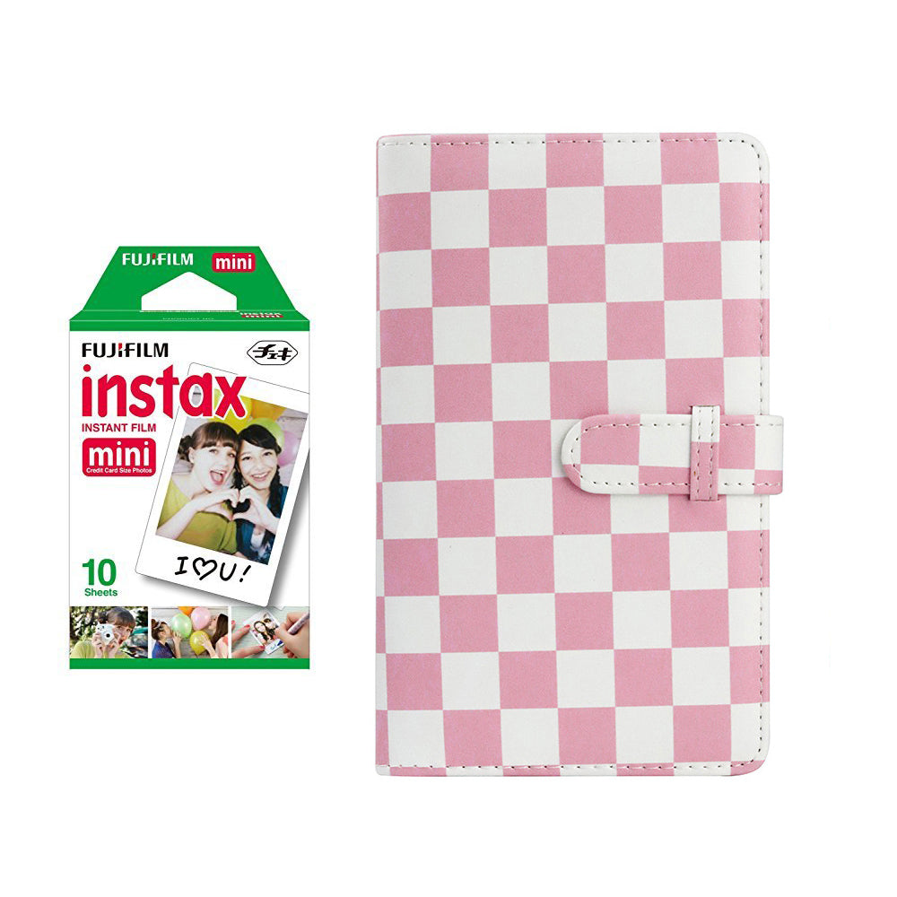 Fujifilm Instax Mini 10X1 Instant Film With 96-Sheets Album For Mini Film (3 inch) (Pink Checkboard)