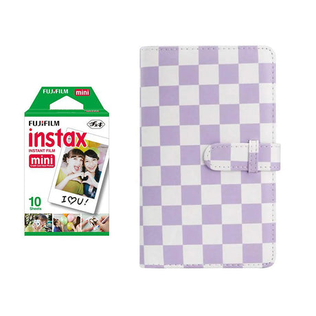 Fujifilm Instax Mini 10X1 Instant Film With 96-Sheets Album For Mini Film (3 inch) Purple Checkboard